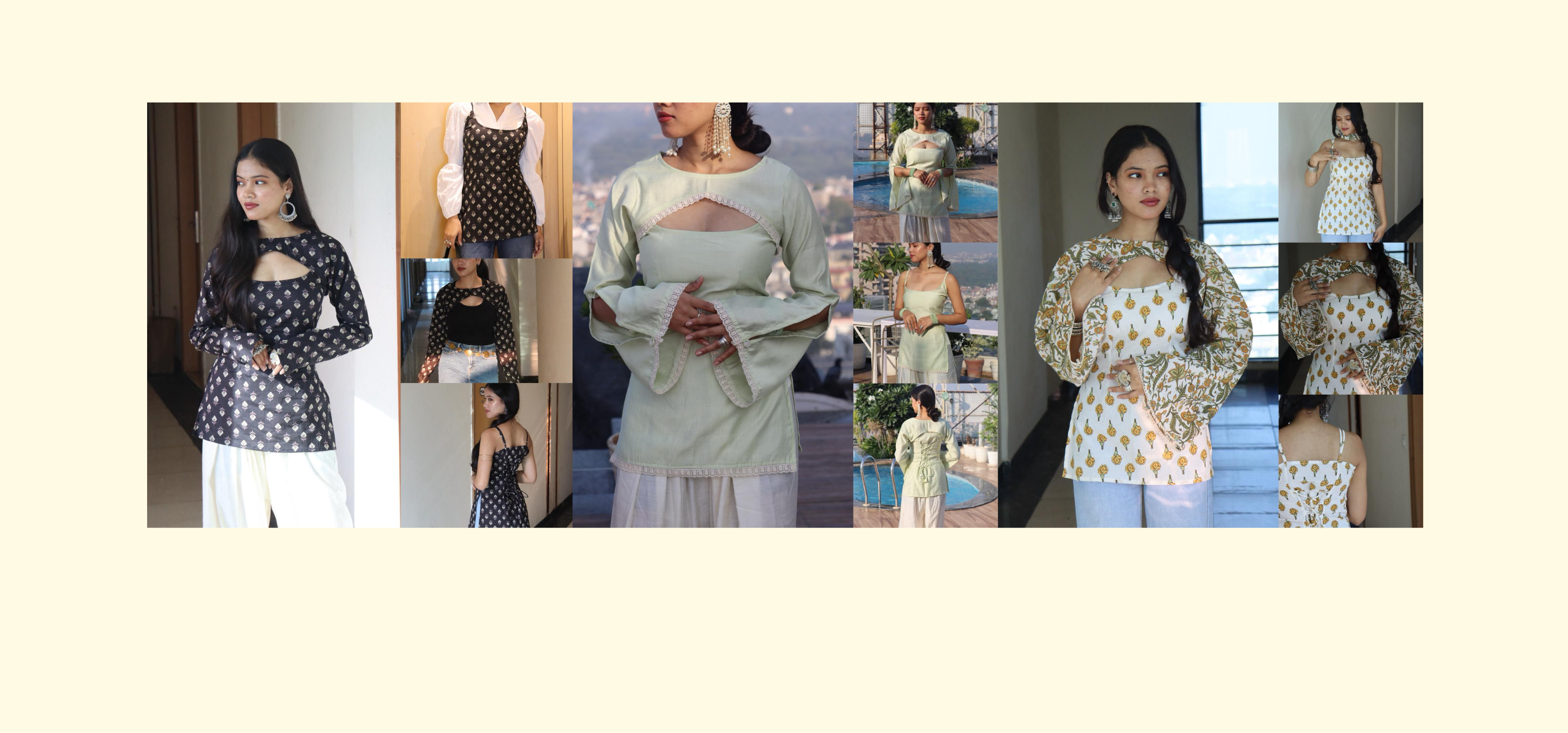 Collage of women wearing various outfits in a store setting