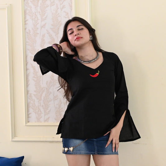 MIRCHI  Embroidery Slit Bell Sleeves Top
