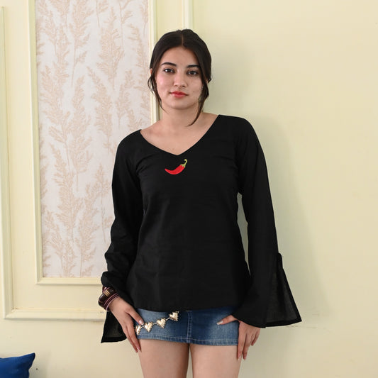 MIRCHI  Embroidery Slit Bell Sleeves Top