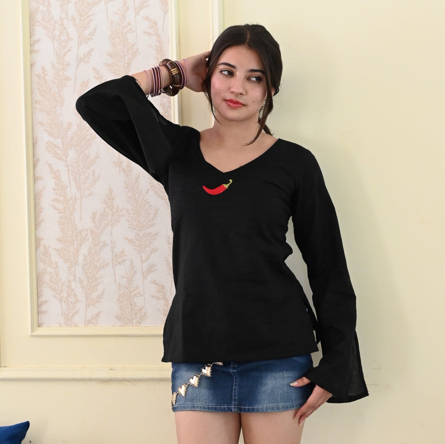 MIRCHI - Embroidery Slit Bell Sleeves Top