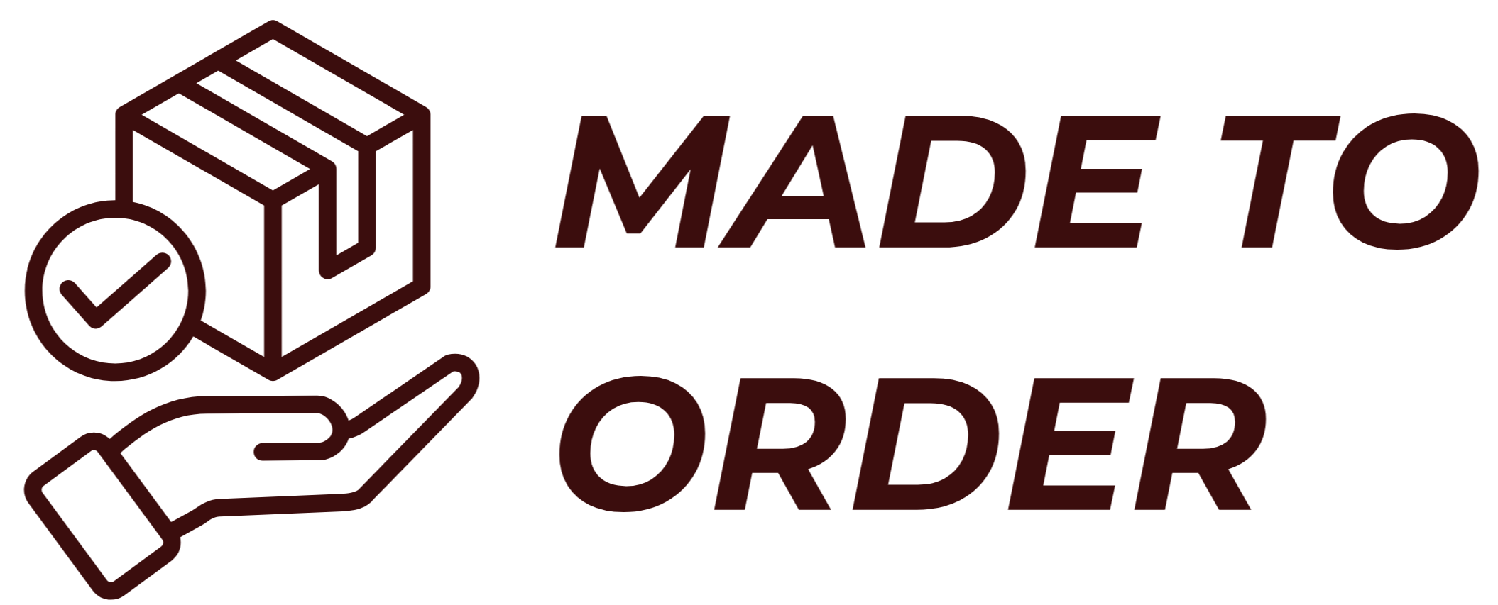 Logo with a hand holding a box and text 'MADE TO ORDER' on a white background